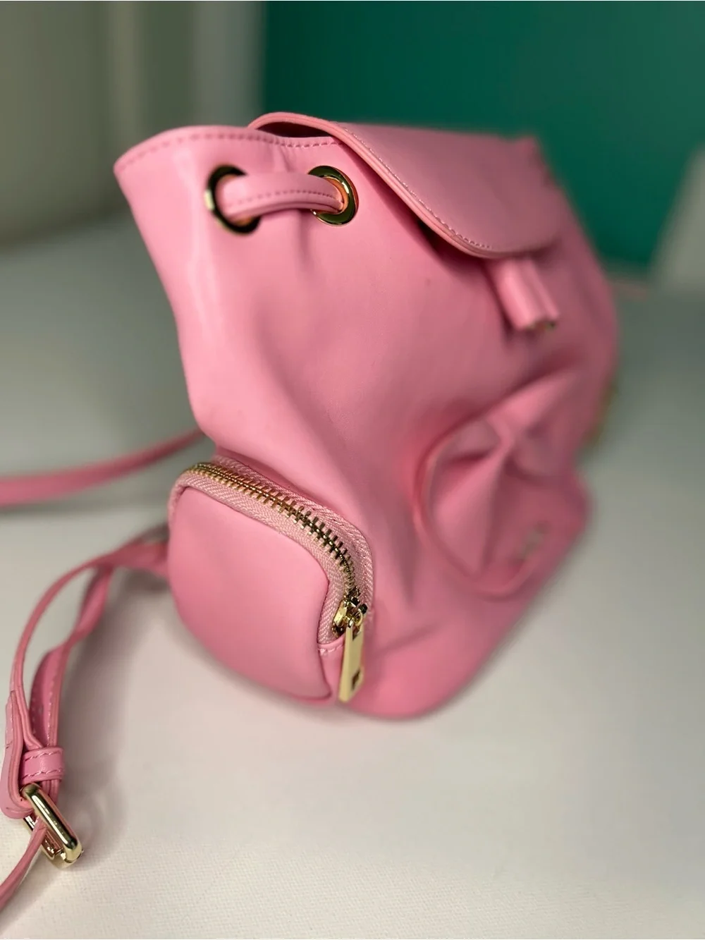 Monnalisa Pink Girls Mini Backpack with Front Bow and Gold Hardware